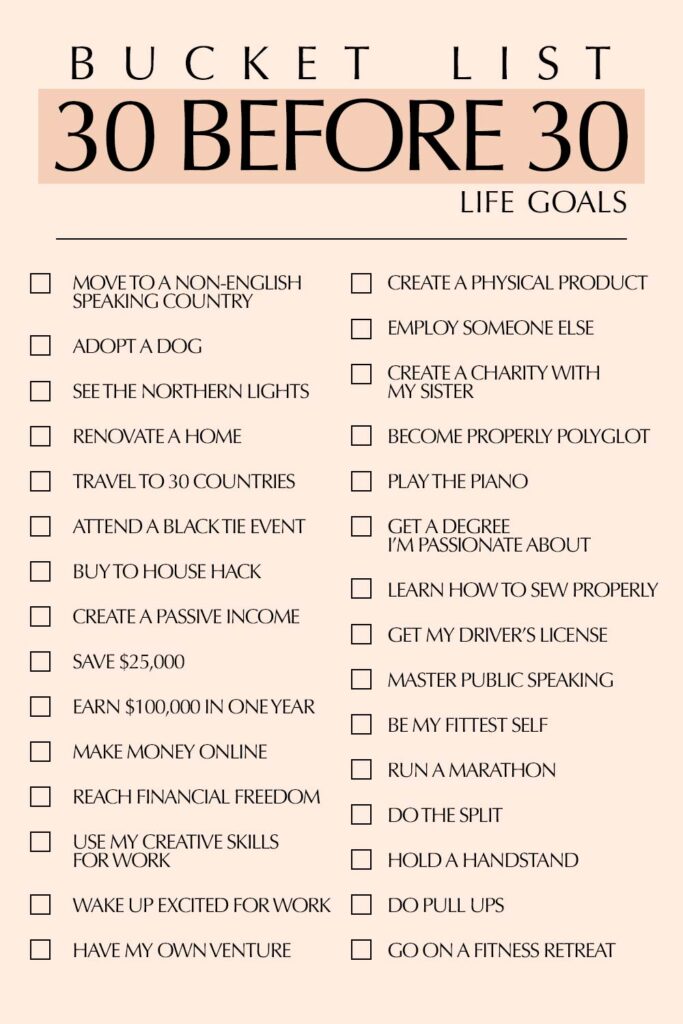30 before 30 life goals bucket list